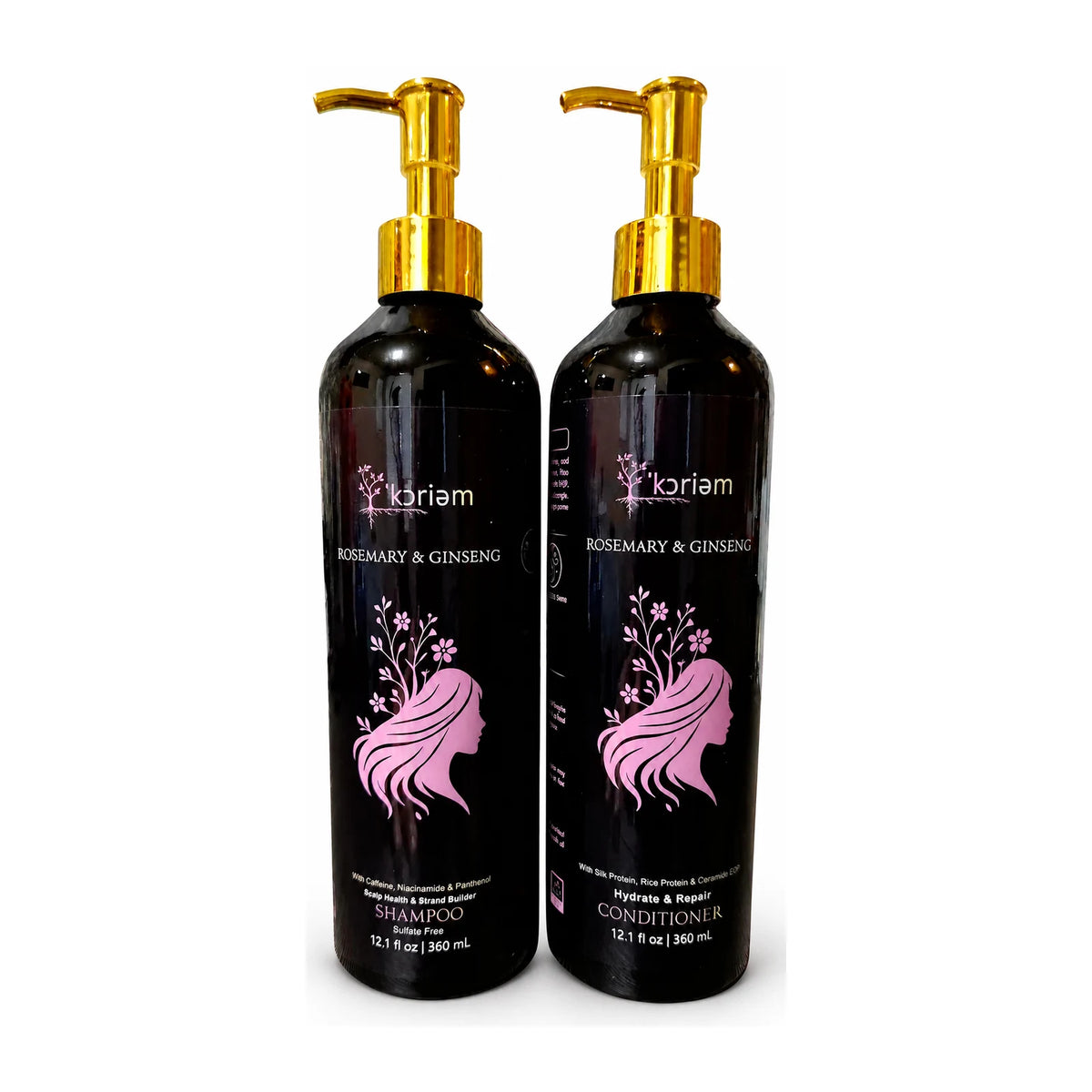 ‘Koriem Rosemary & Ginseng Shampoo and Conditioner duo in black bottles with gold pumps.