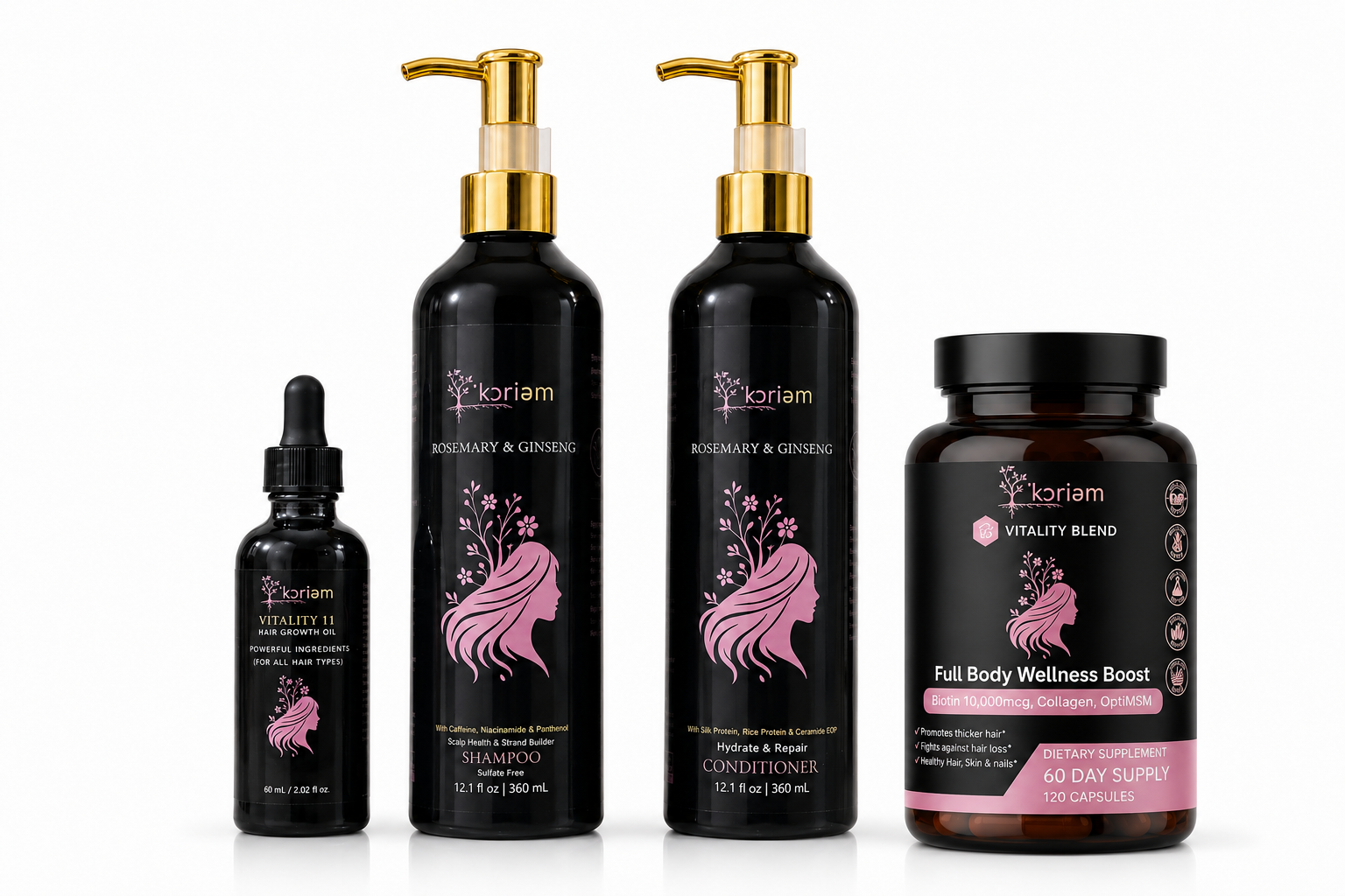 Koriem Hair Bloom System with Vitality 11, Rosemary and Ginseng Shampoo and Conditioner, and Full Body Wellness Boost