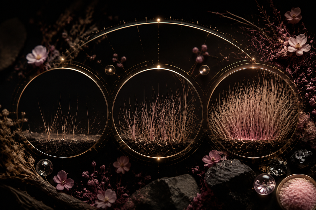 Editorial visualization of three progressive phases connecting rooted hair fibers in a 90-day hair wellness ritual
