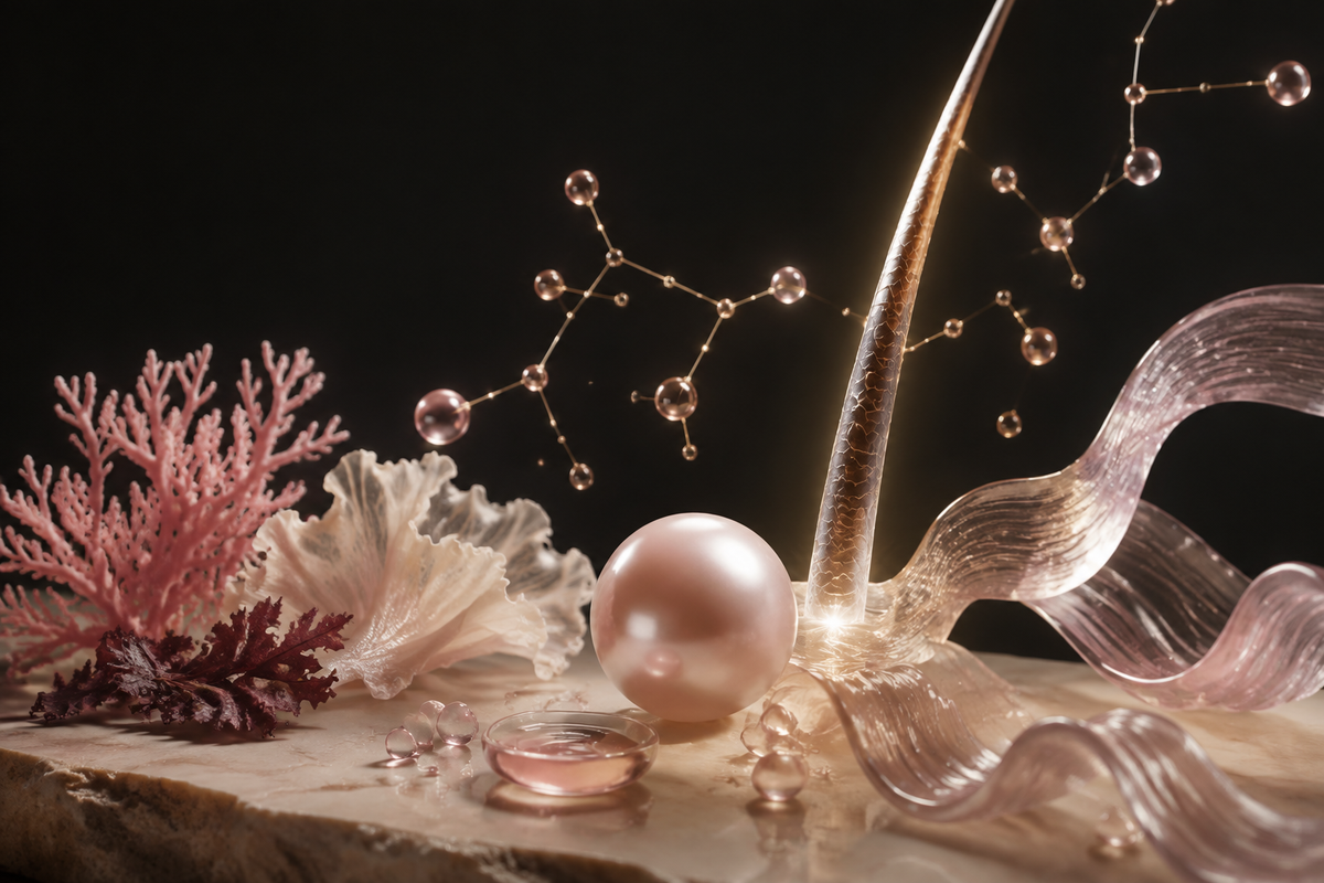 Editorial beauty-from-within visualization with marine botanicals, nutrient forms and a luminous hair fiber