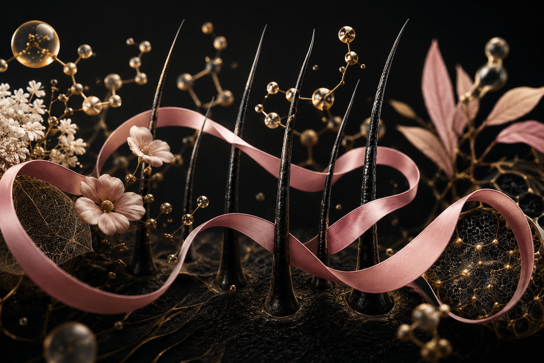 Editorial visualization of a continuous blush ribbon connecting scalp, hair fibers and botanicals in a consistent ritual