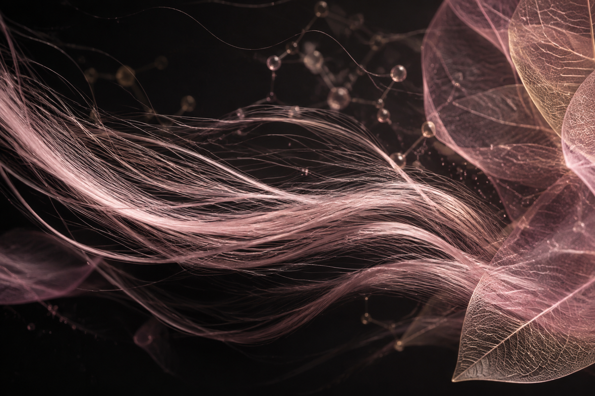 Editorial visualization of delicate airy hair fibers supported by lightweight botanicals and molecular details