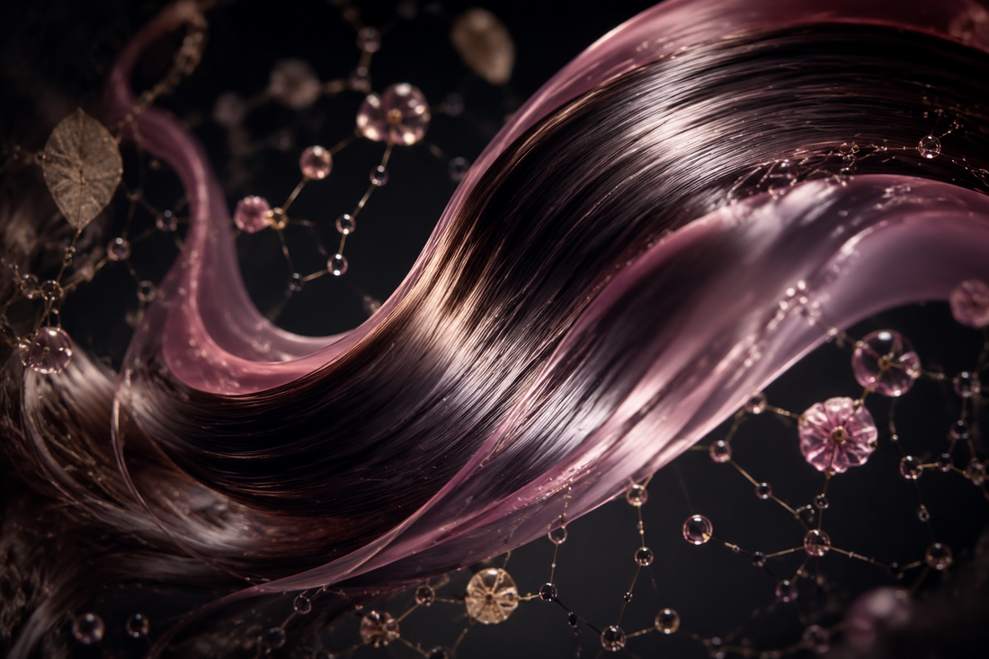 Editorial visualization of weightless glossy hair ribbons with a luminous blush veil and moisture nodes