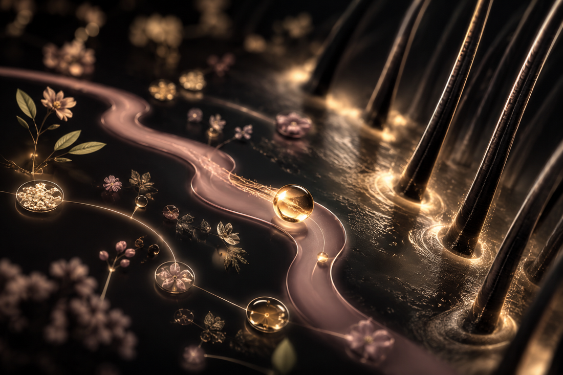 Editorial visualization of an oil droplet traveling through a botanical path toward rooted hair fibers