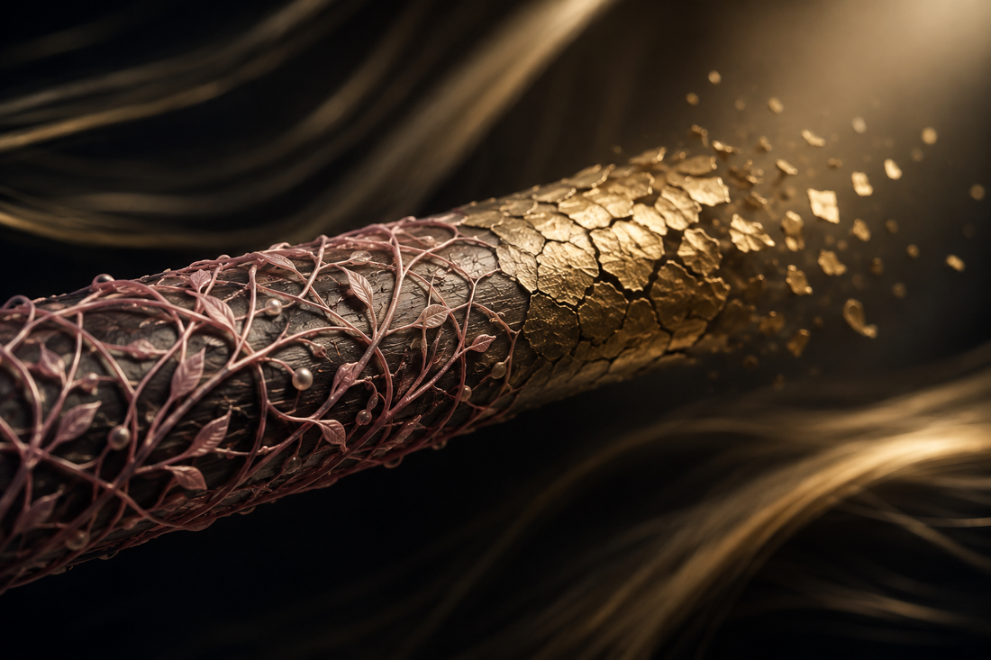 Editorial visualization contrasting a flexible botanical lattice around hair with a rigid cracked shell