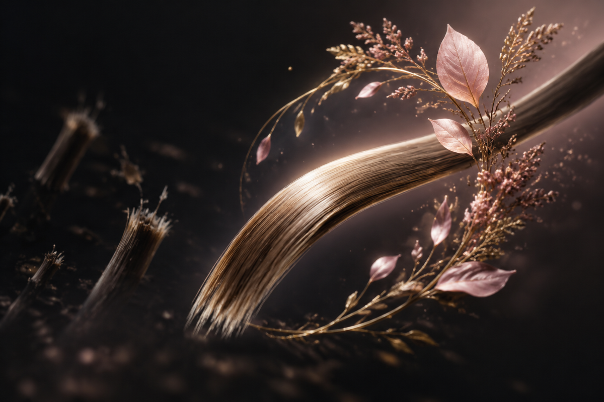 Editorial visualization of a long protected hair fiber with smooth ends and subtle breakage fragments