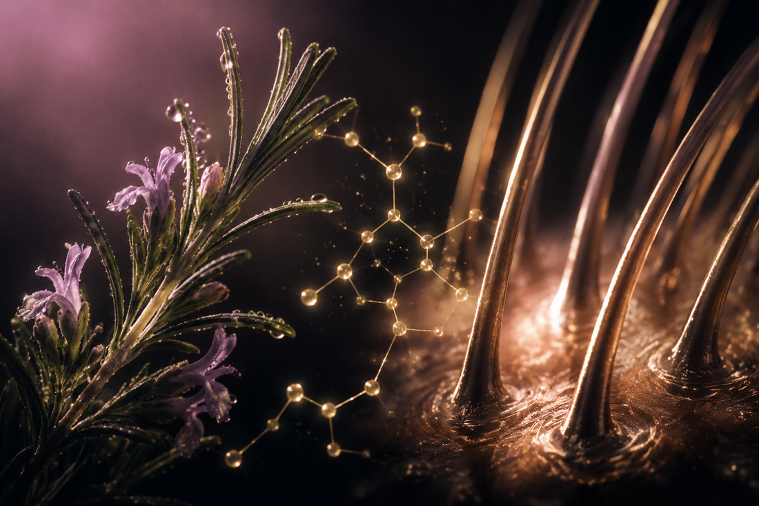 Editorial visualization of rosemary, rooted hair fibers and molecular details representing botanical hair wellness research