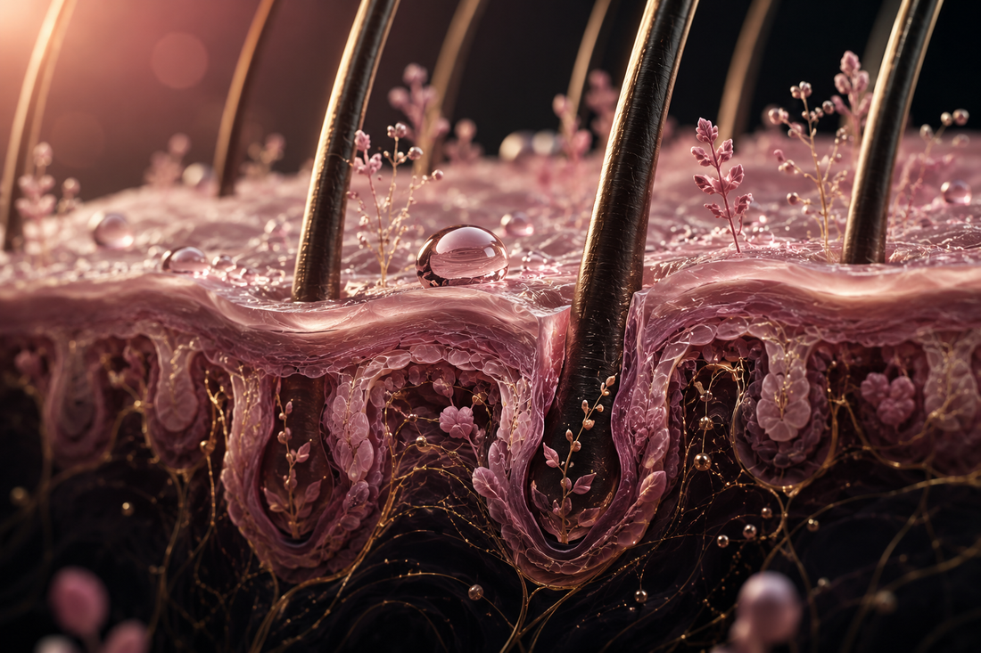 Editorial macro visualization of rooted hair fibers, moisture and a healthy-looking scalp ecosystem