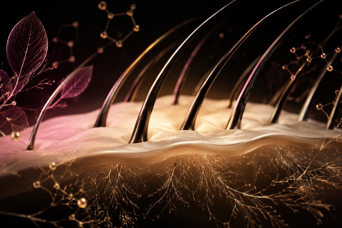 Editorial visualization of healthy-looking hair fibers emerging from a nourished scalp with botanical and molecular details