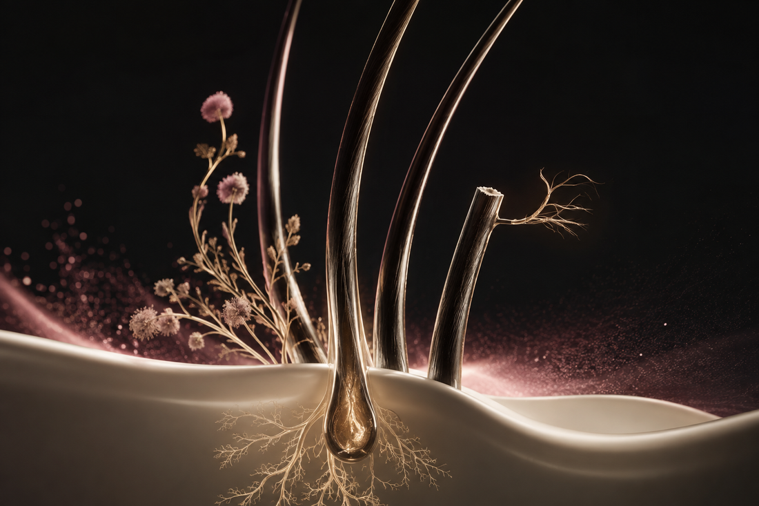 Editorial visualization of rooted hair fibers, premature shedding concerns and strand breakage in ’Koriem blush, gold and cream