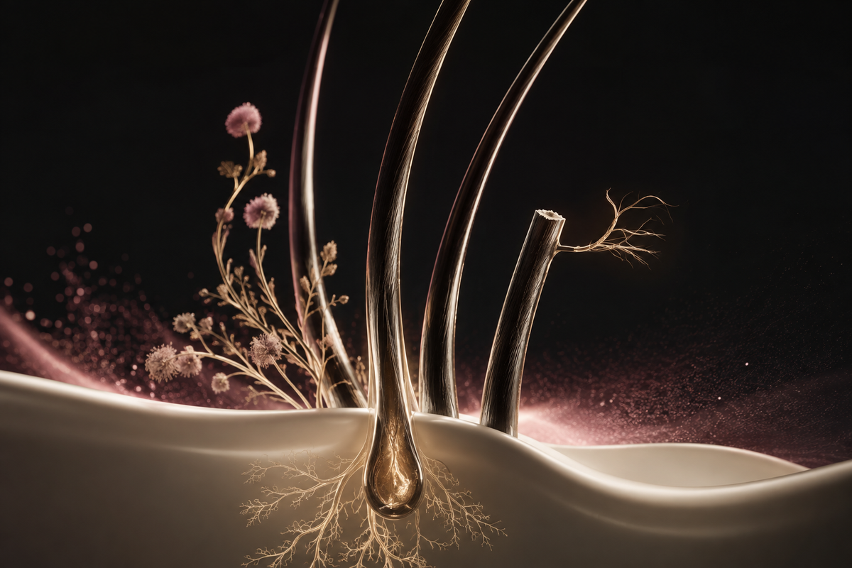 Editorial visualization of rooted hair fibers, premature shedding concerns and strand breakage in ’Koriem blush, gold and cream
