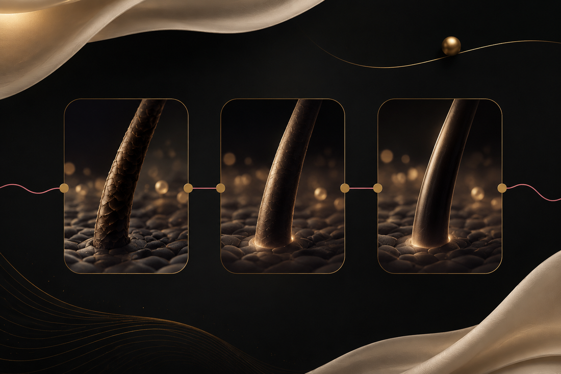 Editorial visualization of three calm progressive views of a hair fiber connected by a blush line