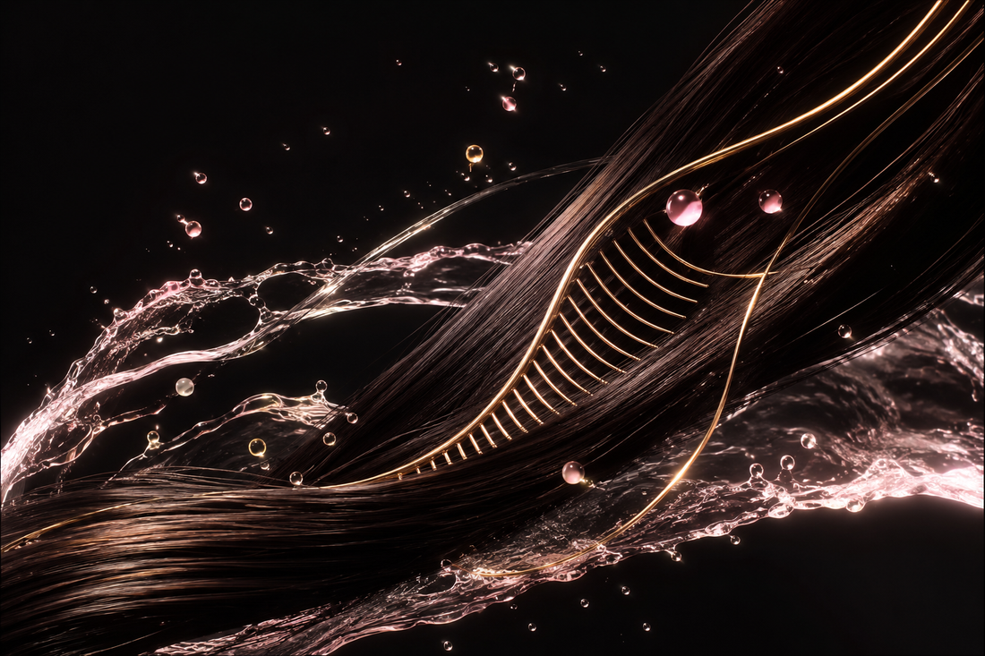 Editorial visualization of glossy hair fibers, clean water and gentle detangling for a restorative wash-day ritual