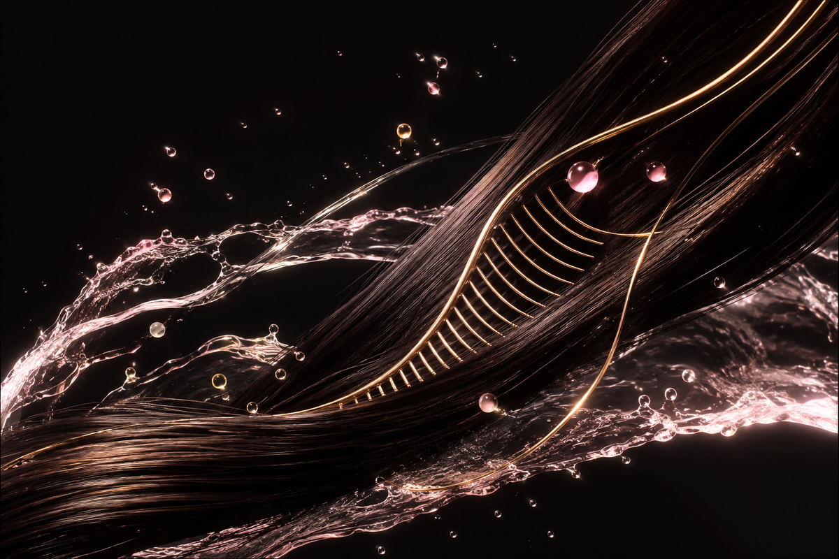 Editorial visualization of glossy hair fibers, clean water and gentle detangling for a restorative wash-day ritual