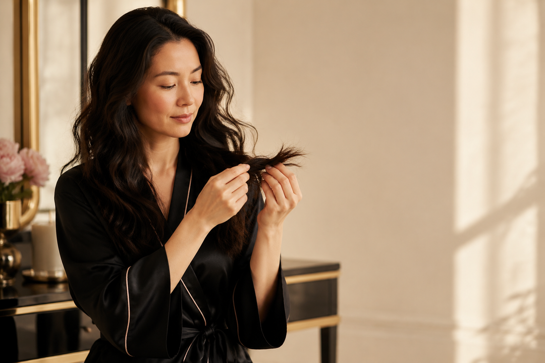 Woman gently examining the ends of her long hair as part of a length-retention routine