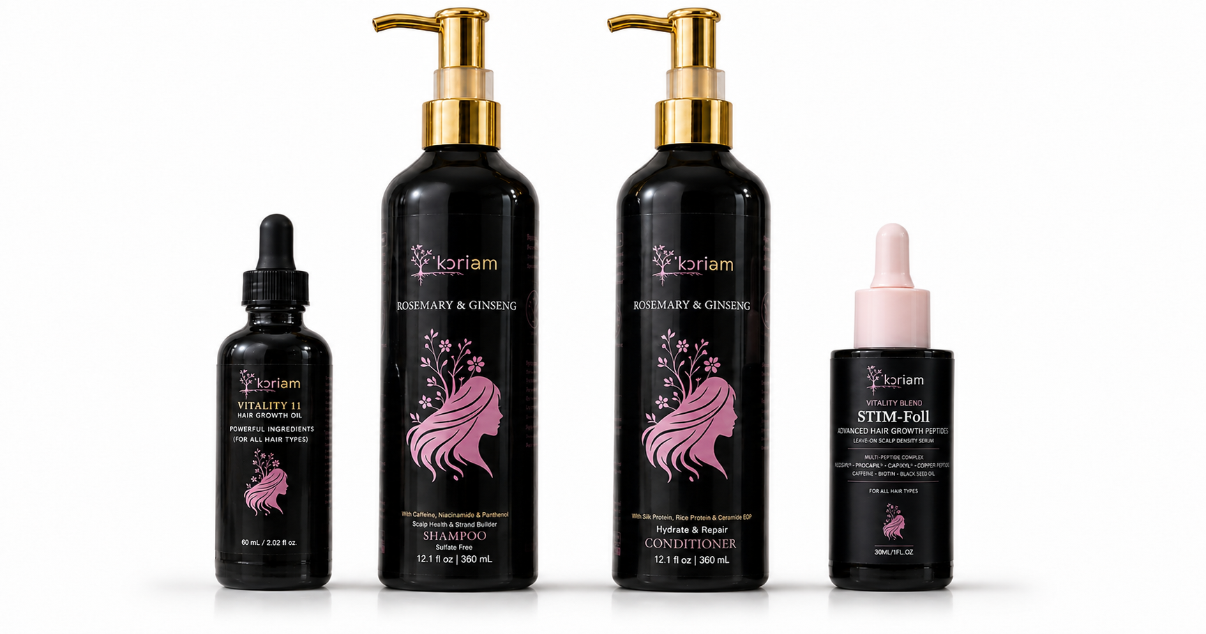 'Koriem Advanced Topical Bundle — Vitality 11 Hair Growth Oil 2 oz dropper bottle, Rosemary & Ginseng Shampoo with Mint 12 oz pump bottle, Rosemary & Ginseng Conditioner with Mint 12 oz pump bottle, and STIM-Foll Advanced Hair Growth Peptide Serum 1 fl oz / 30 mL dropper bottle
