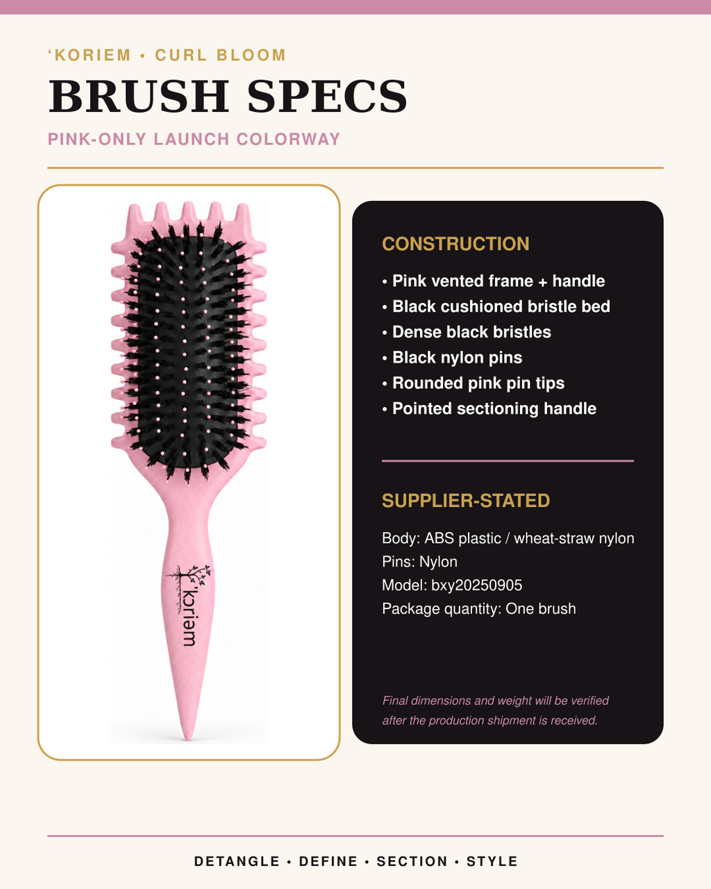 Pink ‘Koriem Curl Bloom Brush construction and supplier-stated specifications