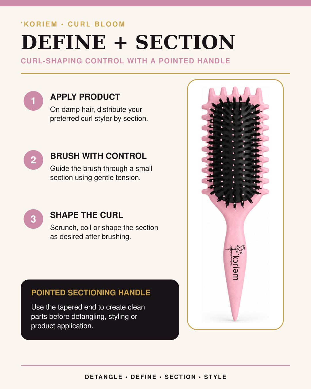 How to define curls and section hair with the pink ‘Koriem Curl Bloom Brush