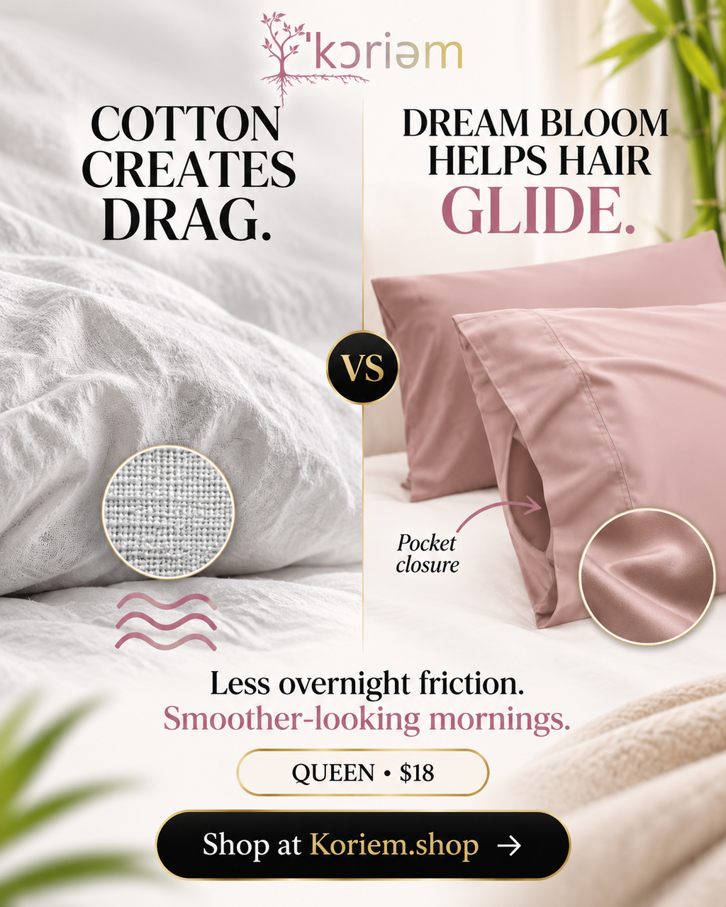 Dream Bloom bamboo pillowcase compared with traditional cotton for overnight hair friction