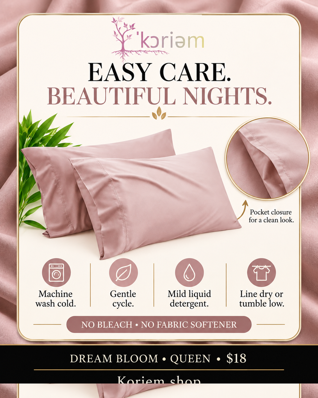 Dream Bloom bamboo pillowcase easy machine-washable care