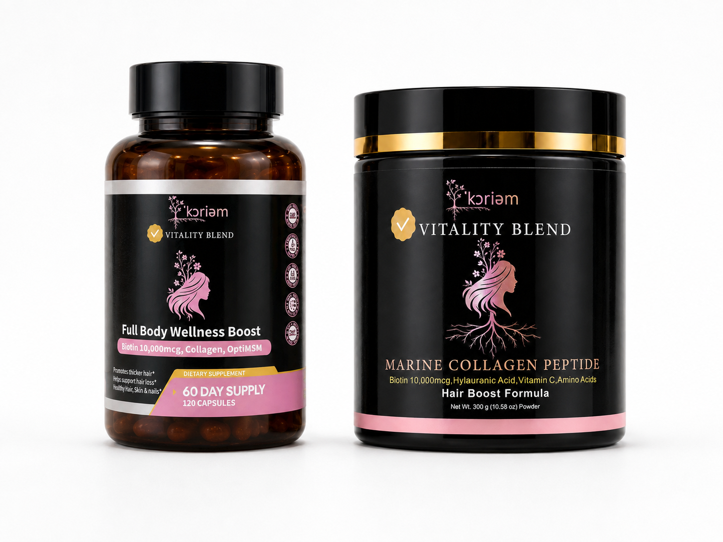 'Koriem The Inside Job Double Stack — Full Body Wellness Boost 60-day supply capsule jar and Marine Collagen + Biotin with Gut Support powder tub