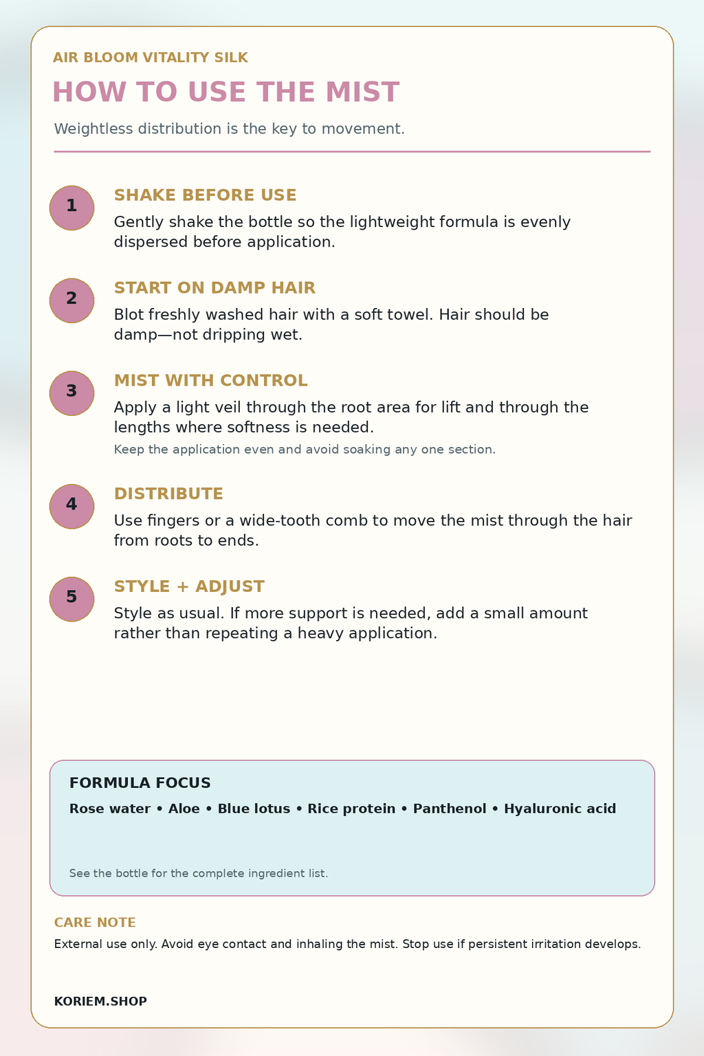 How to use Koriem Air Bloom Vitality Silk volumizing mist