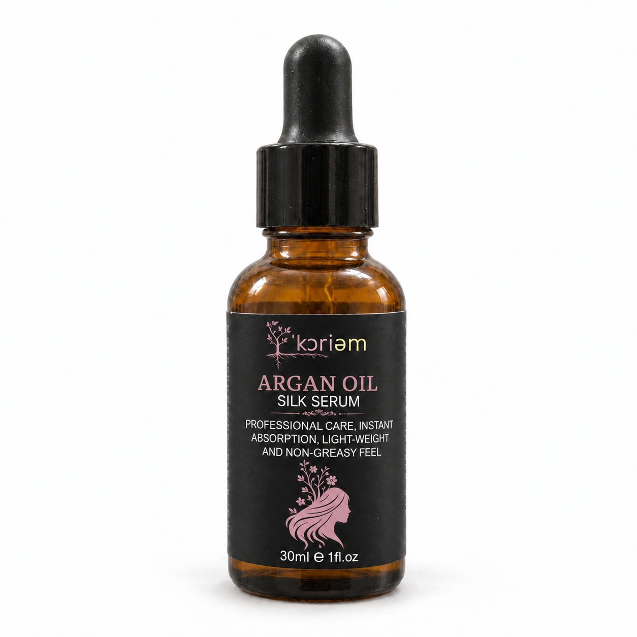 ‘Koriem Argan Oil Silk Serum in a 30 mL amber glass dropper bottle on a white background
