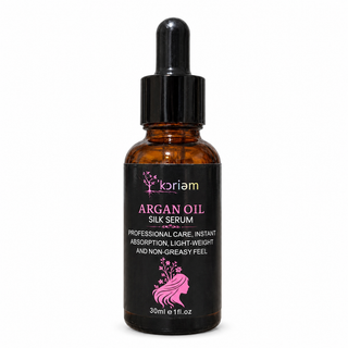 ‘Koriem Argan Oil Silk Serum 30 mL bottle on white