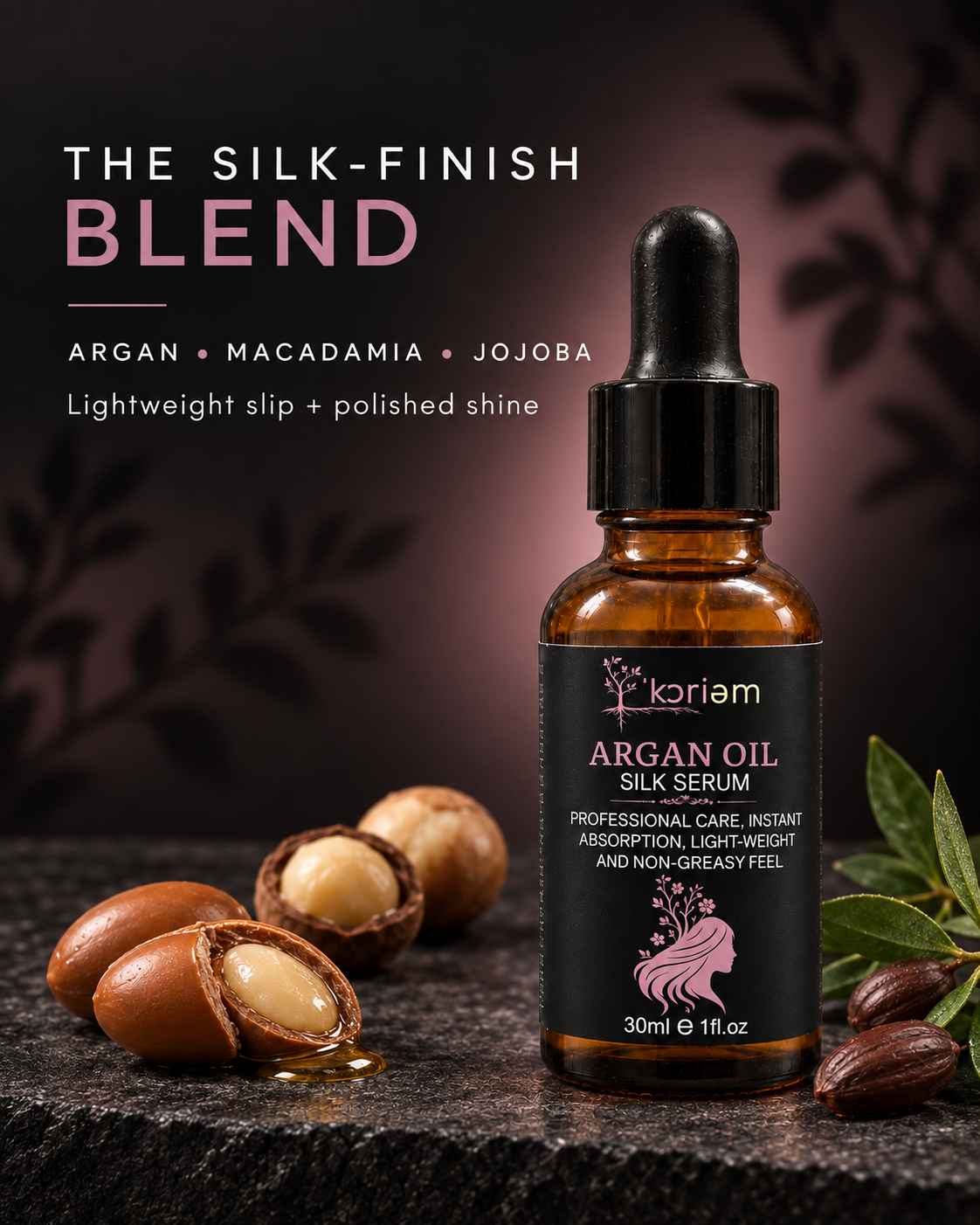 ‘Koriem Argan Oil Silk Serum with argan, macadamia and jojoba ingredient story