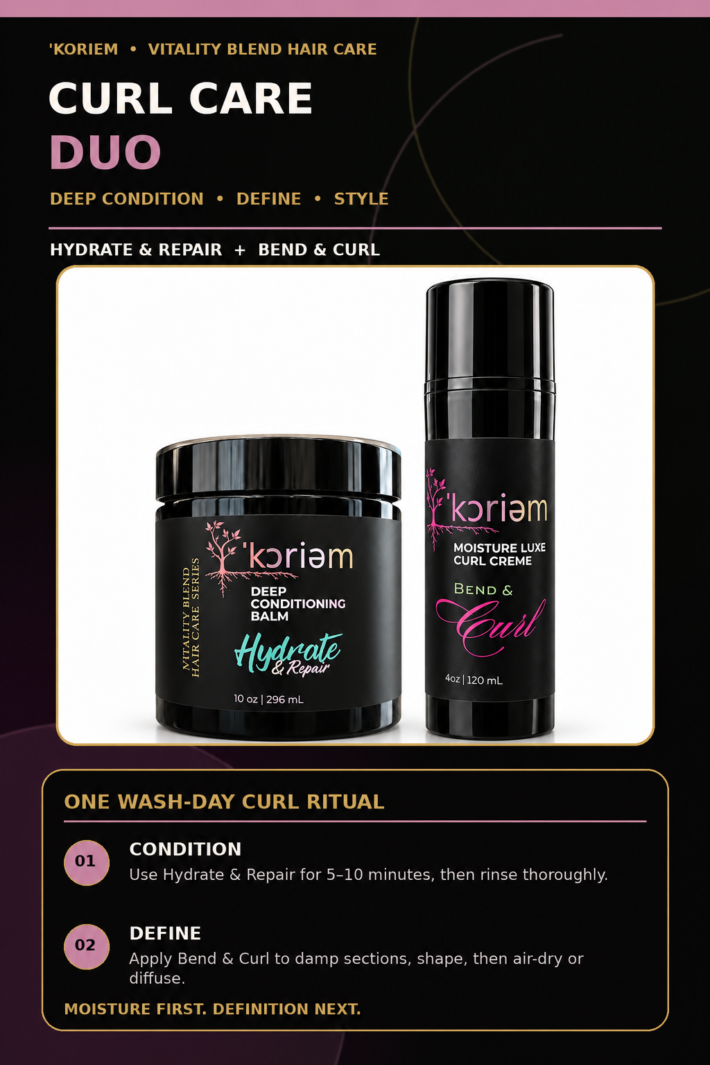 ‘Koriem Curl Care Duo product insert with current 10 oz Hydrate & Repair and new black-cap 4 oz curl cream