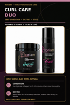 ‘Koriem Curl Care Duo product insert with current 10 oz Hydrate & Repair and new black-cap 4 oz curl cream