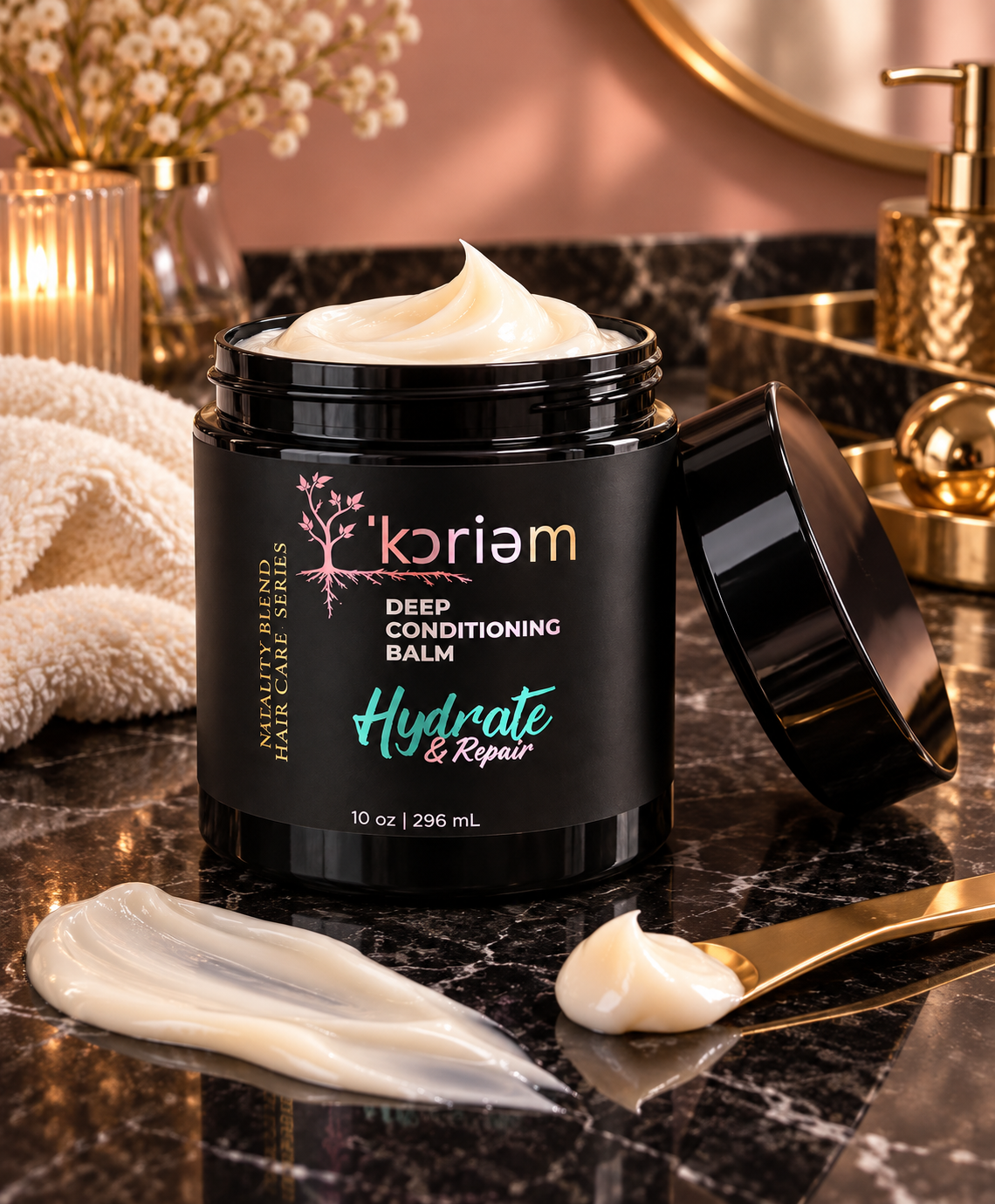 Open jar of ’Koriem Hydrate & Repair Deep Conditioning Balm showing creamy texture