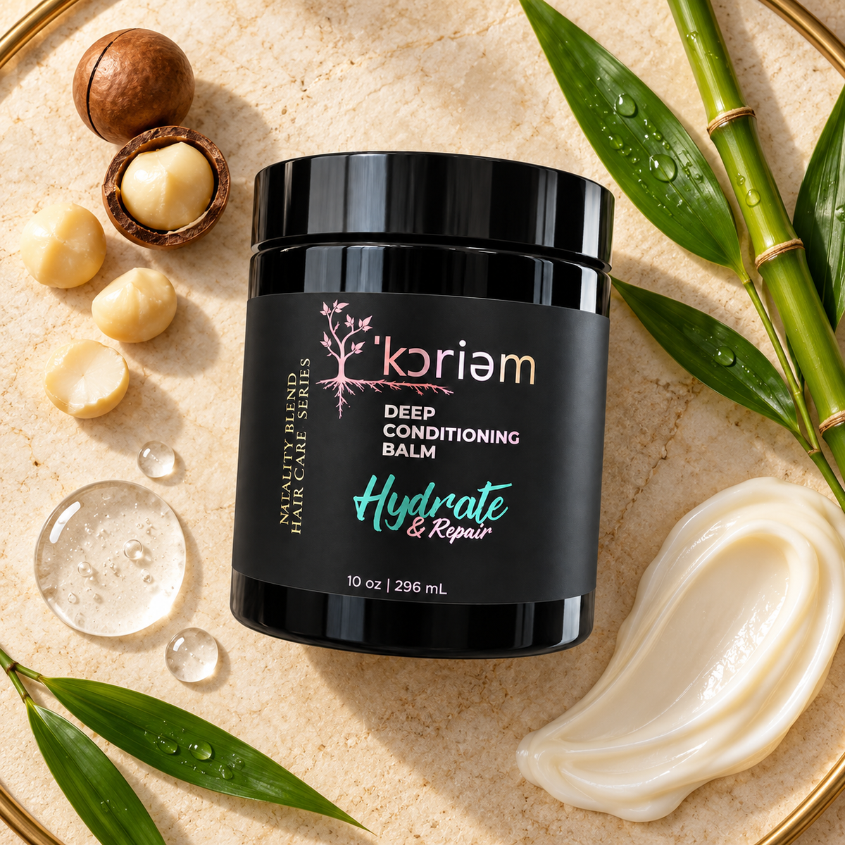 ’Koriem Hydrate & Repair Deep Conditioning Balm with macadamia and bamboo ingredients