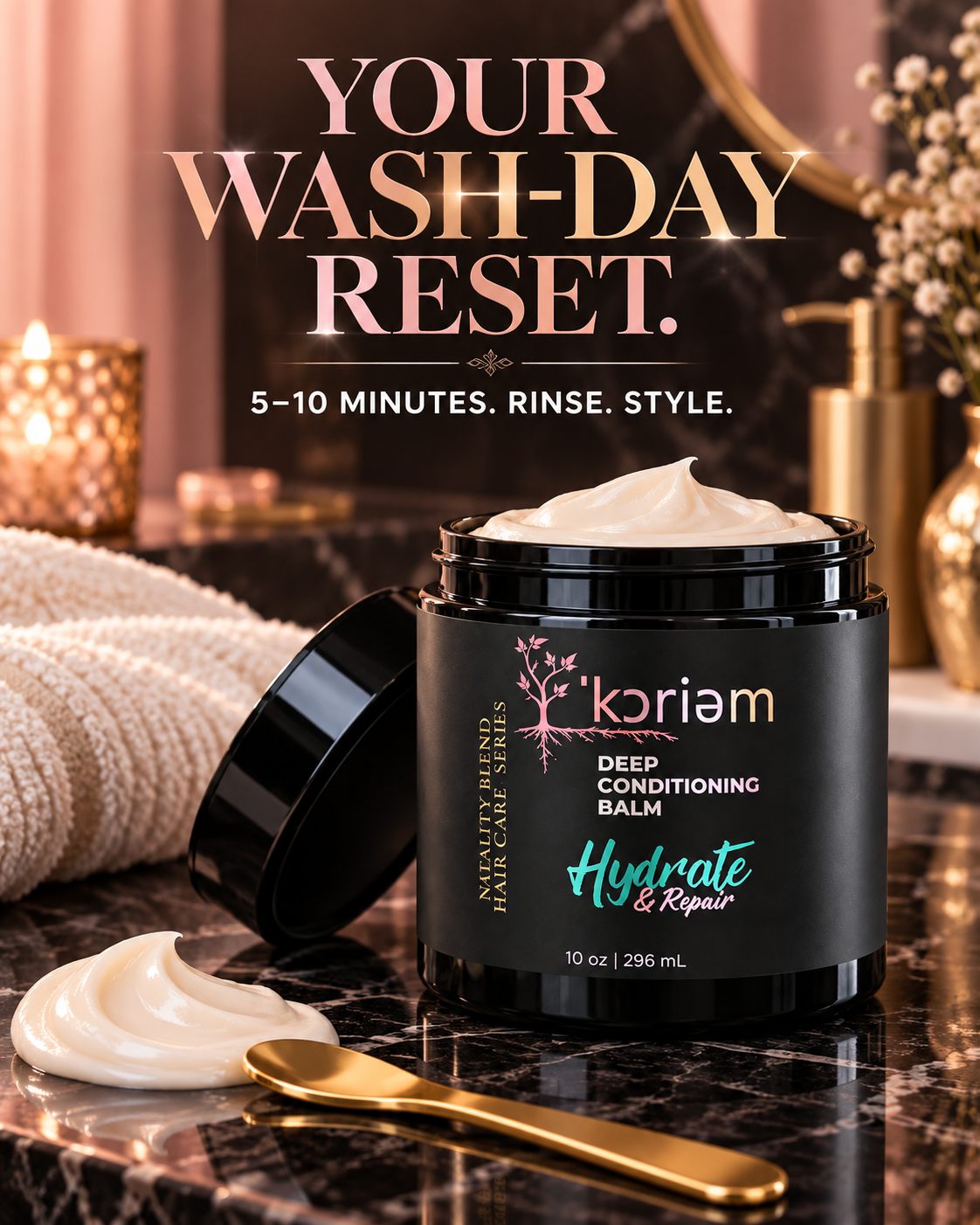 ’Koriem Hydrate & Repair five to ten minute wash-day conditioning treatment