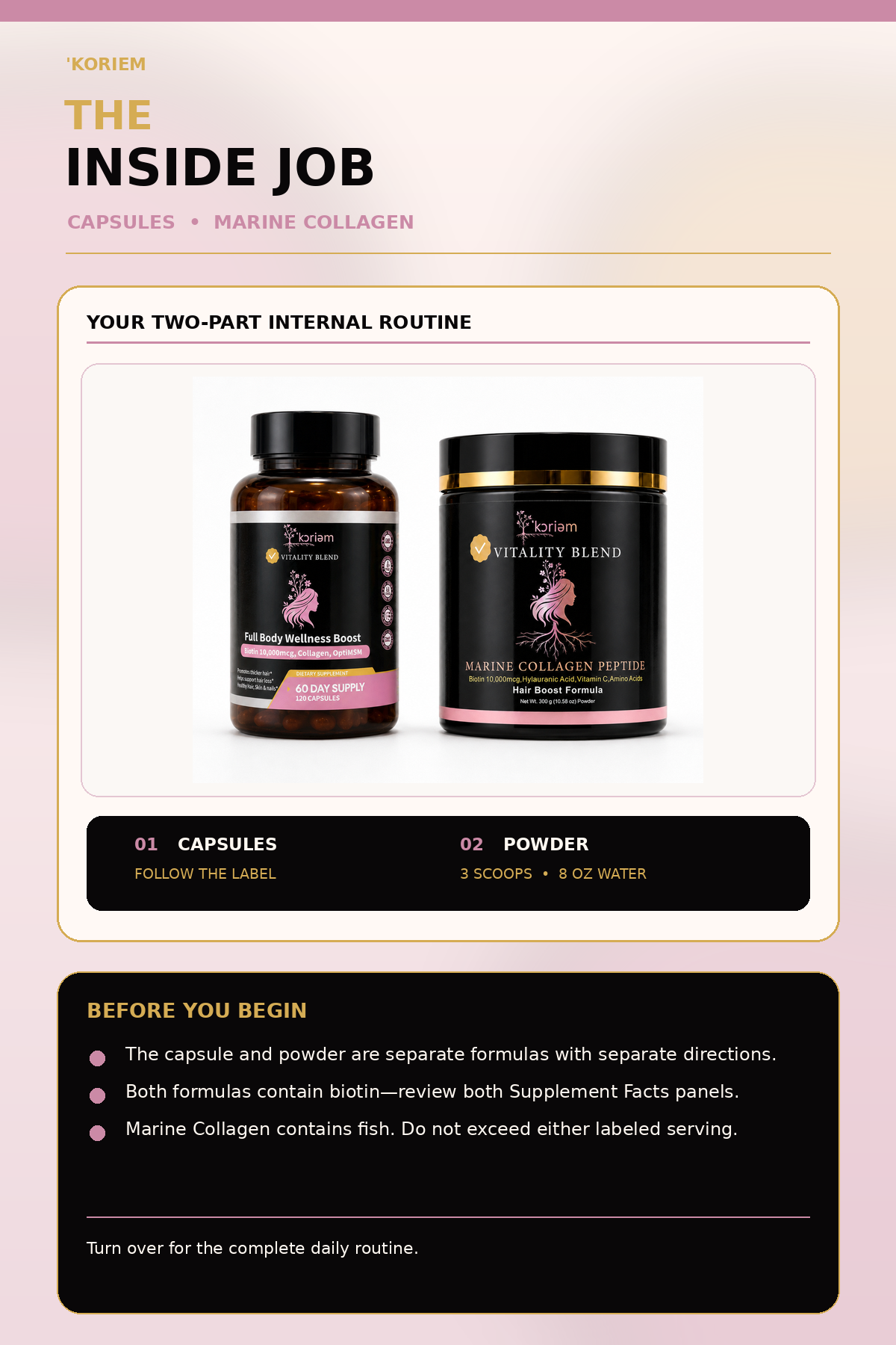 Koriem Inside Job capsules and Marine Collagen two-part internal routine