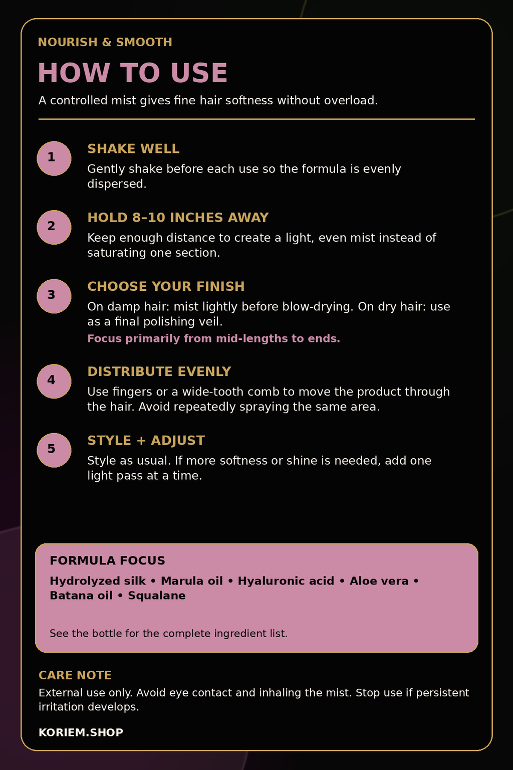 How to use Koriem Nourish and Smooth Silkening Spray