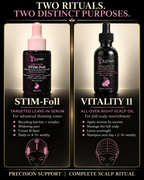 Hair Bloom Advanced comparison of STIM-Foll targeted serum and Vitality 11 full-scalp oil