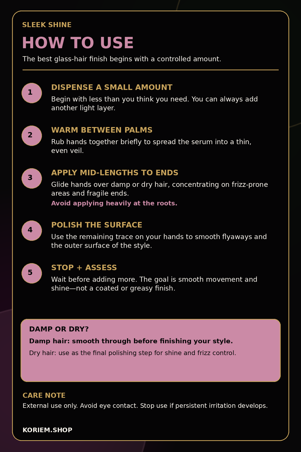 How to use Koriem Sleek Shine Glass Hair Serum
