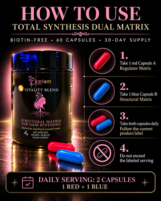 ‘Koriem Total Synthesis Dual Matrix package insert with daily directions: one red Regulator Matrix capsule and one blue Structural Matrix capsule