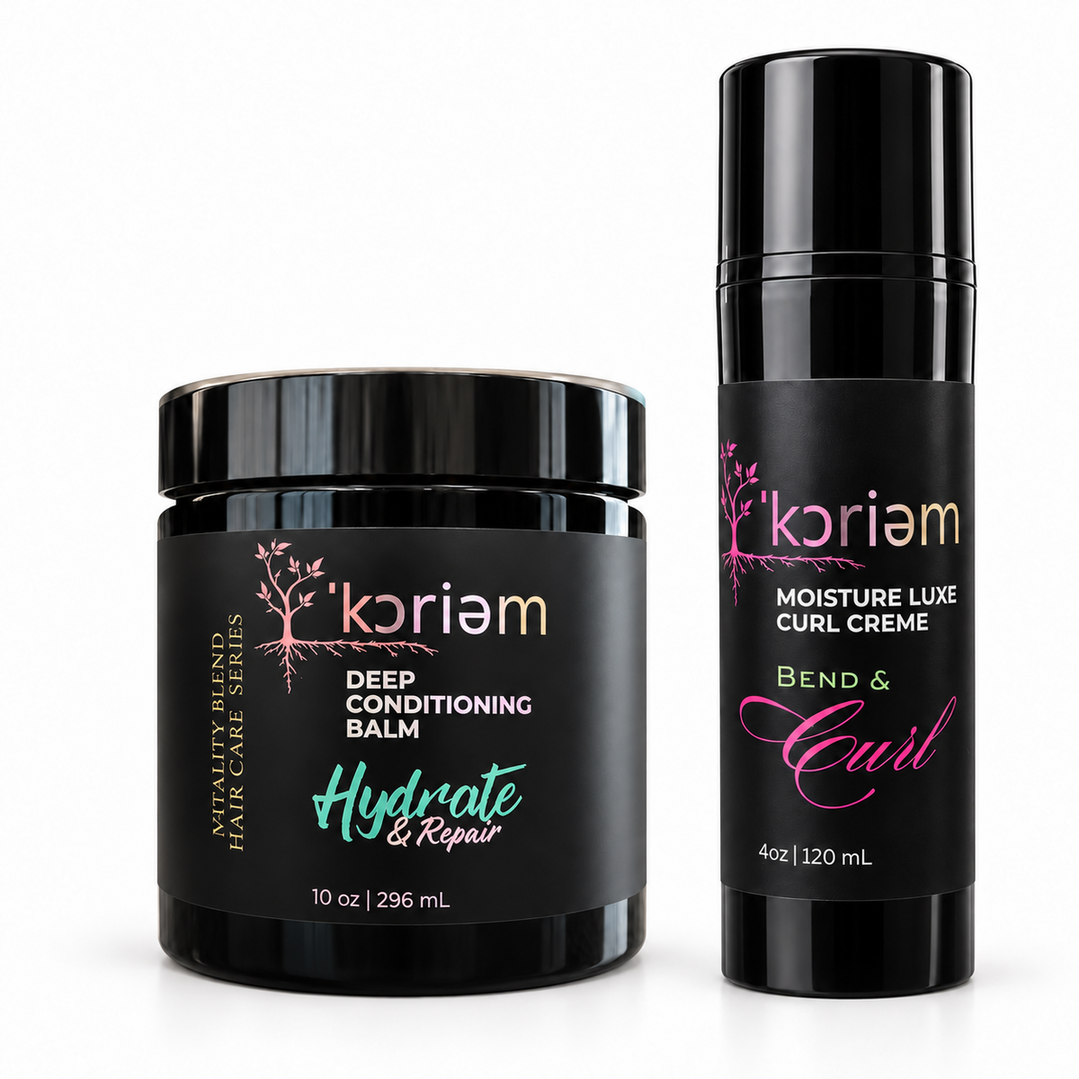 ‘Koriem Curl Care Duo — approved studio image, correctly proportioned 10 oz Hydrate & Repair balm and new black-cap 4 oz curl cream