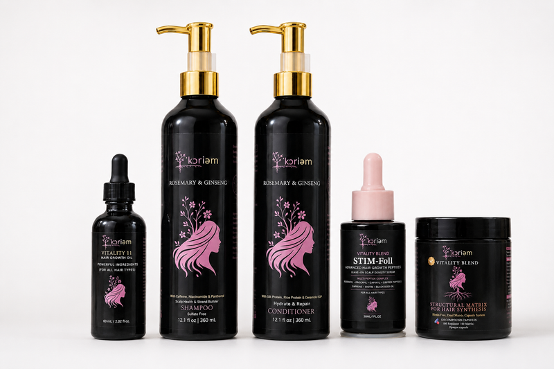 'Koriem Hair Bloom Advanced System with Vitality 11 Hair Growth Oil, Rosemary & Ginseng Shampoo and Conditioner, STIM-Foll Peptide Serum and Dual Matrix Hair Synthesis Vitamin