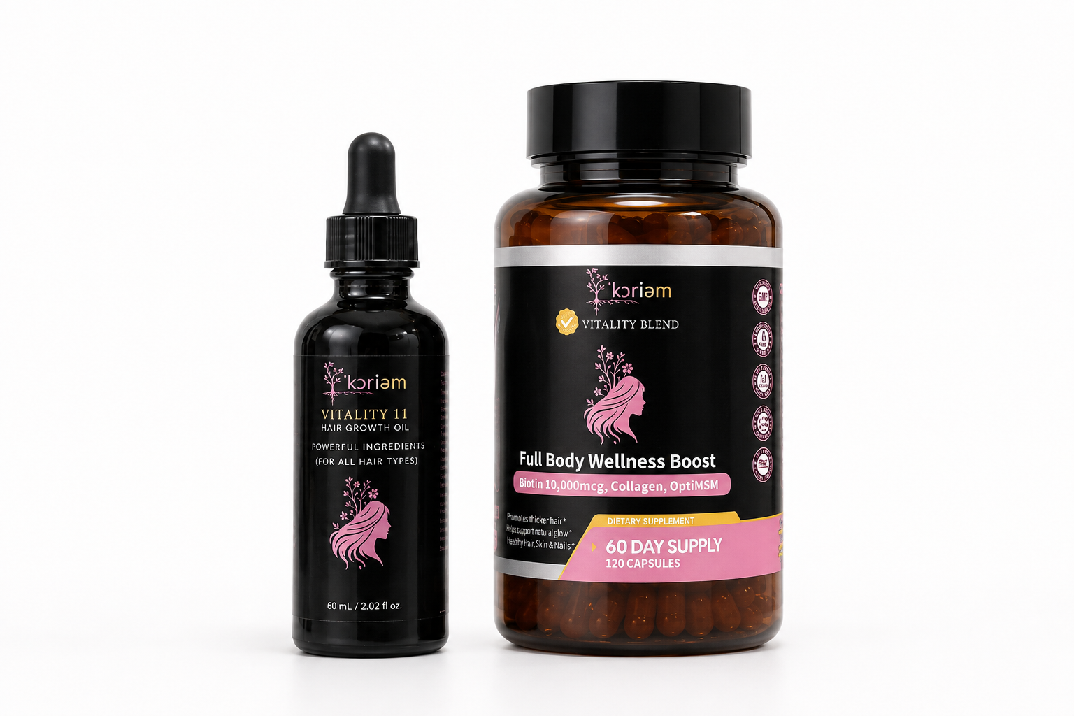 'Koriem Inside-Out Duo — Vitality 11 Hair Growth Oil 2 oz dropper bottle and Full Body Wellness Boost 60-day supply capsule jar