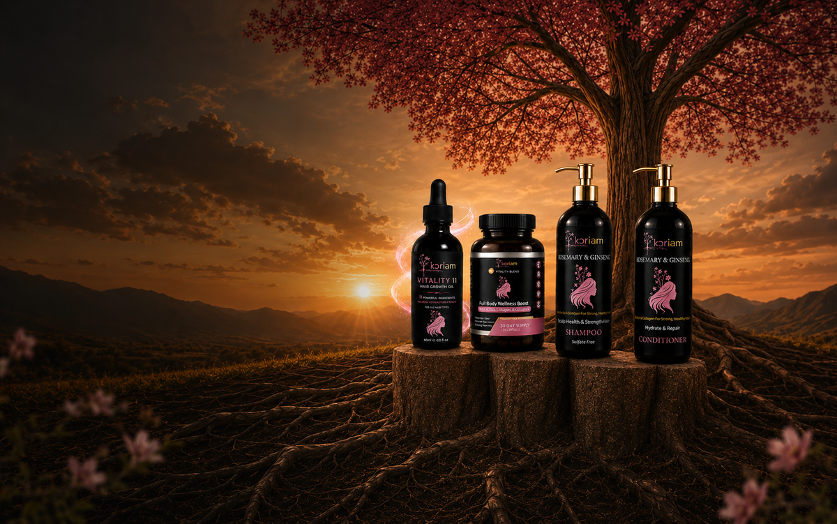 'Koriem Hair Bloom ritual with Vitality 11, Full Body Wellness Boost, Rosemary and Ginseng shampoo and conditioner beneath a rooted tree