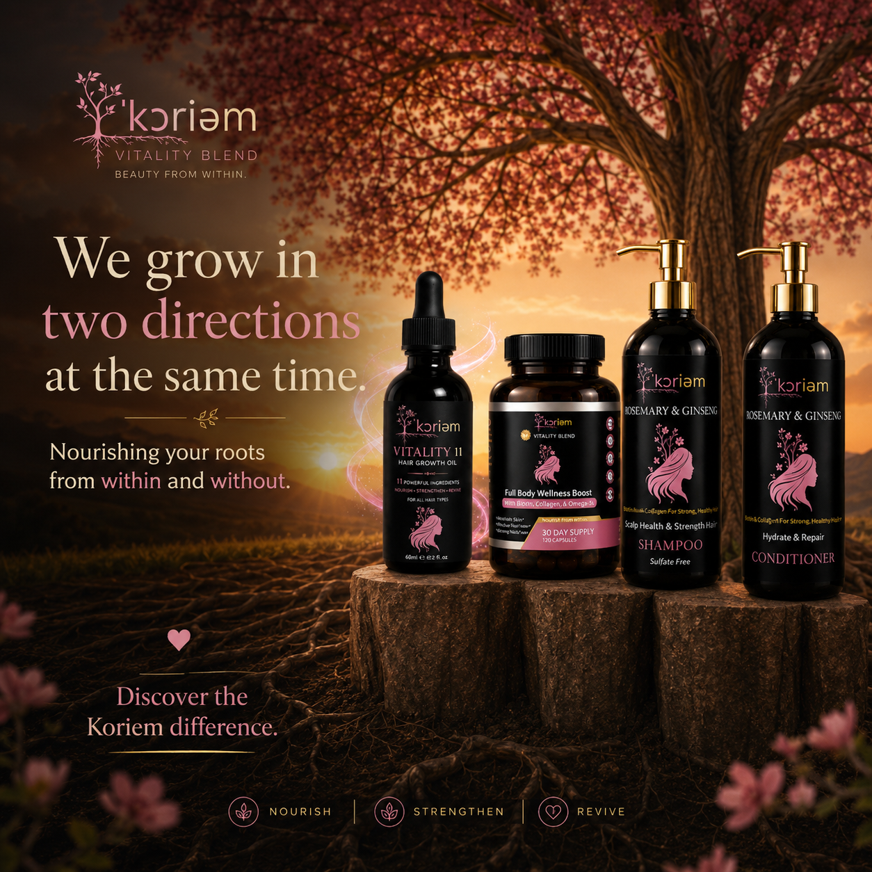 Four 'Koriem hair care products displayed on a tree stump in a forest scene at sunset. The products include a dropper bottle, a jar, and two pump bottles labeled Vitality & Genesis, Shampoo, and Conditioner.
