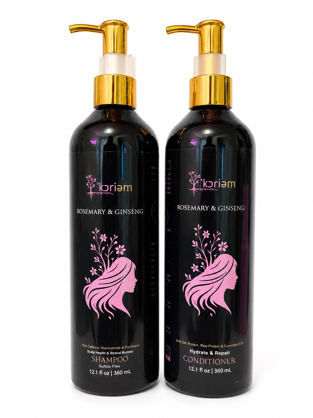 'Koriem Wash-Day Duo — Rosemary & Ginseng Shampoo with Mint 12 oz pump bottle and Rosemary & Ginseng Conditioner with Mint 12 oz pump bottle