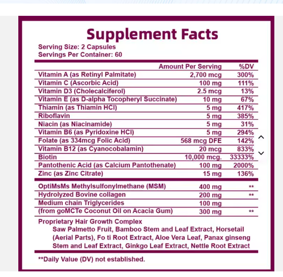 'Koriem Full Body Wellness Boost Supplement Facts panel — serving size, vitamins, minerals, and botanical blend per 2-capsule serving