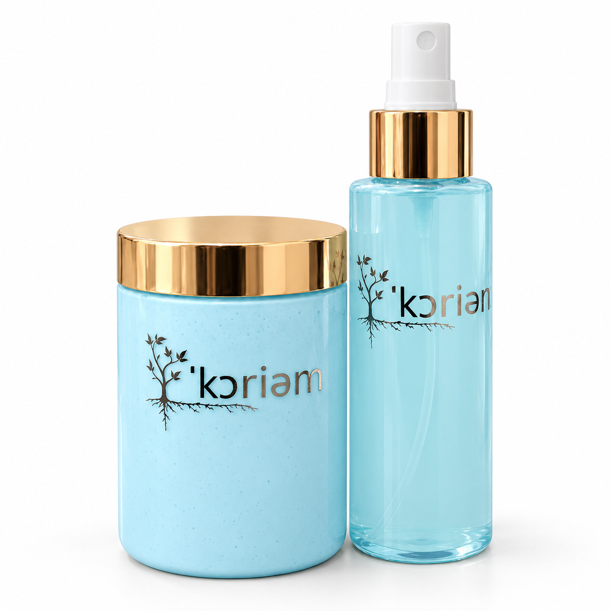 ‘Koriem Air Bloom Hydra Jelly + Spray Duo — blue products with silver logos and gold hardware