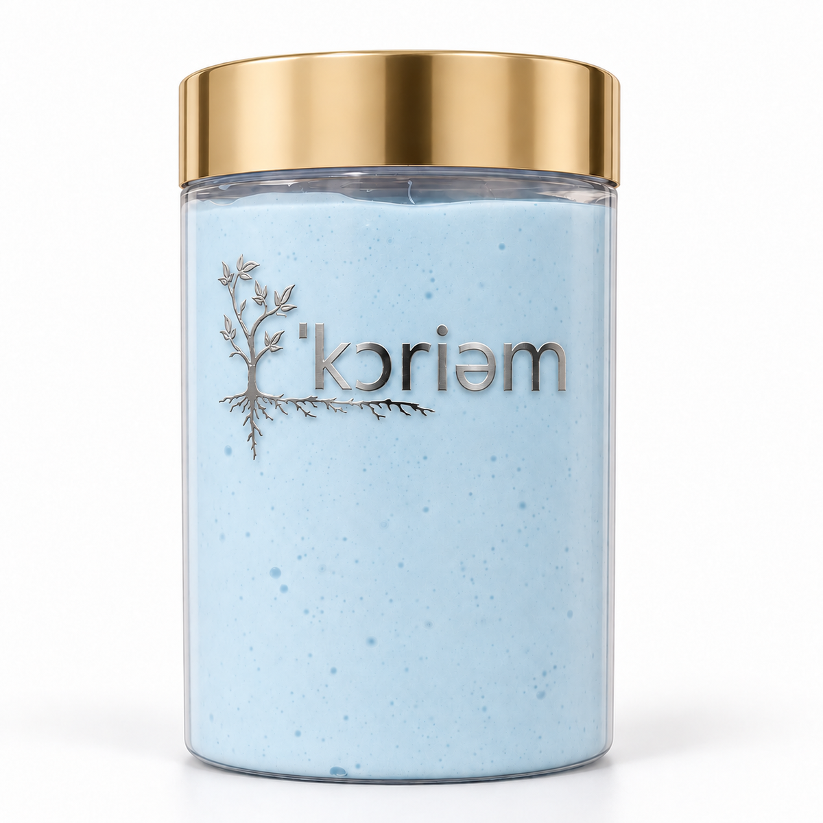 ‘Koriem Air Bloom Hydra Jelly — pale blue treatment in a clear jar with silver logo and gold lid