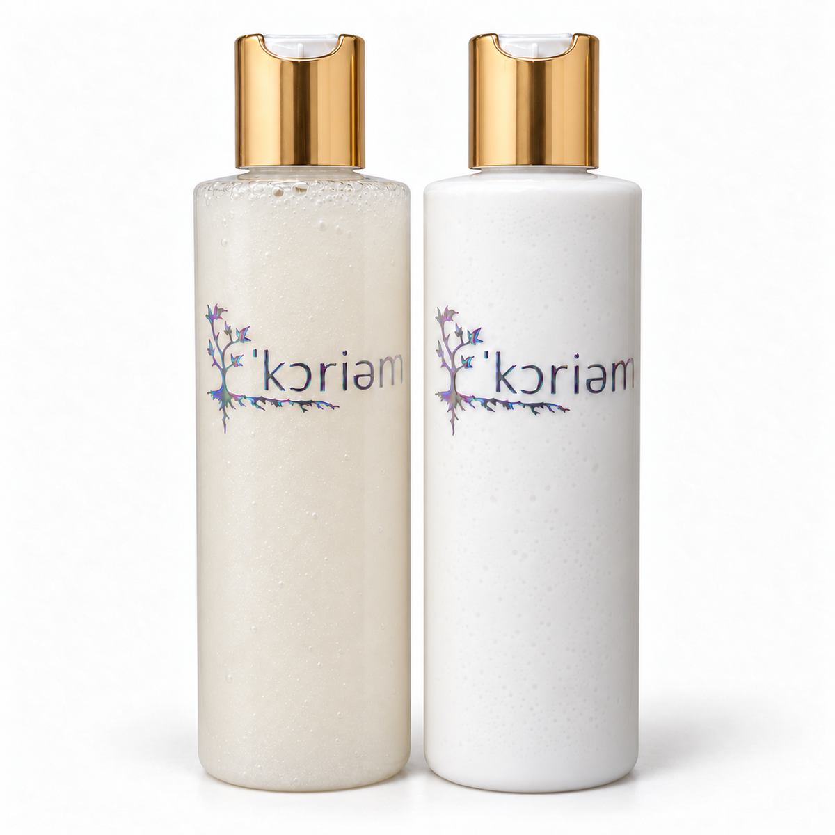 ‘Koriem Air Bloom shampoo and conditioner set — pearly shampoo, silver logos and matching gold lids
