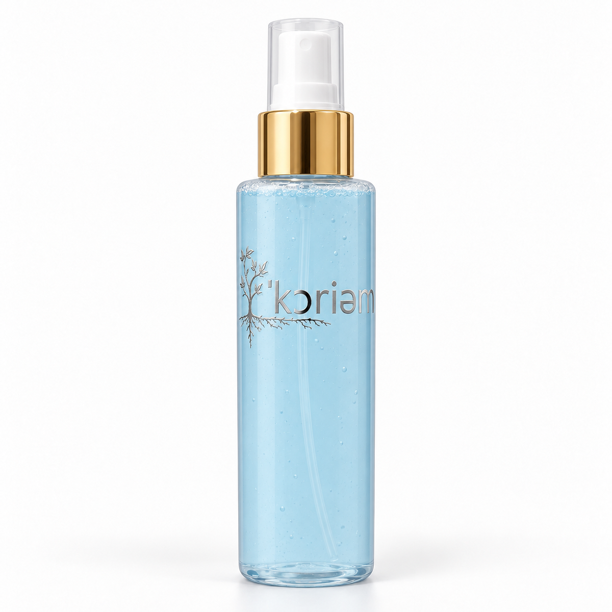 ‘Koriem Air Bloom Spray — pale blue liquid, silver logo and gold collar